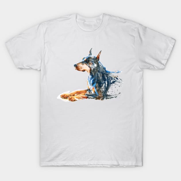 Watercolor Painting - Doberman Sitting Down T-Shirt by Marian Voicu